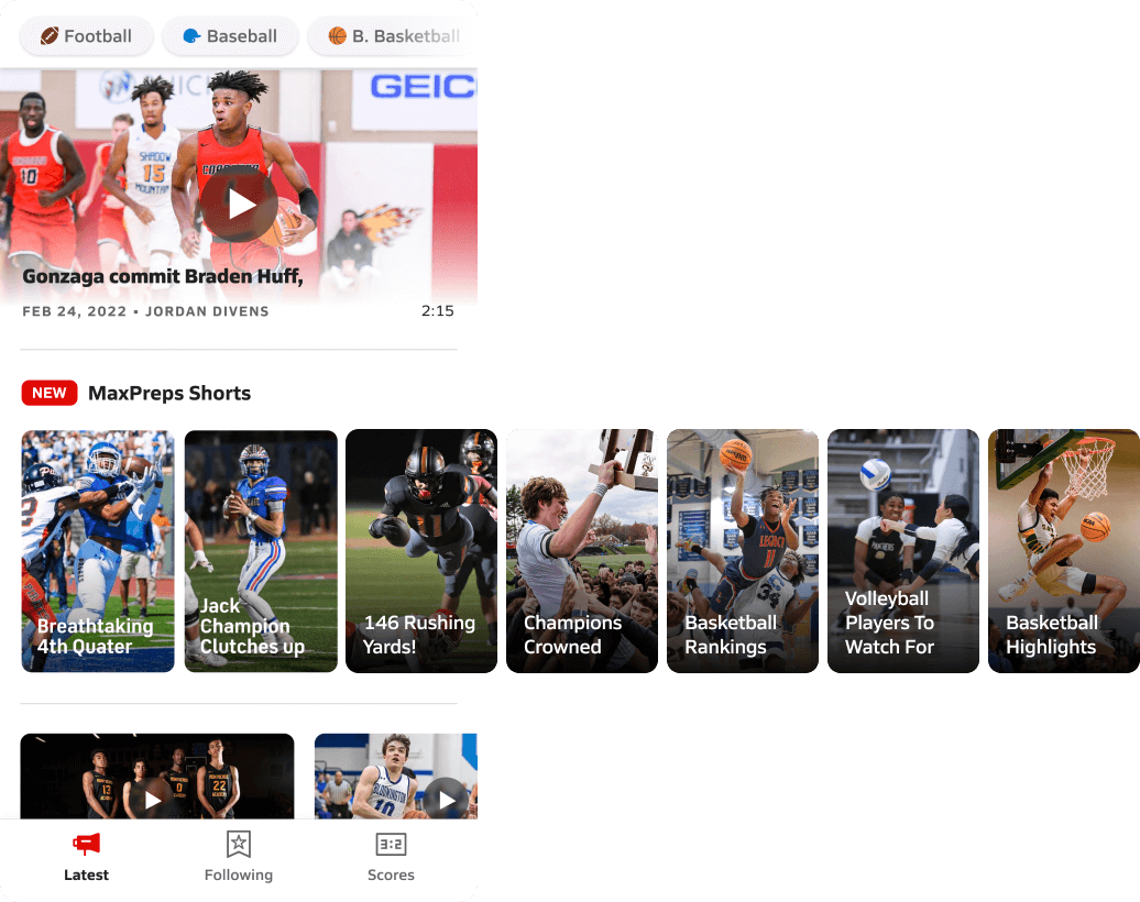 MaxPreps mobile app preview with a phone screen and sports content cards